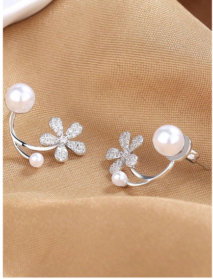 Shein Elegant Pearl And Flower Drop Earrings For Women Girls