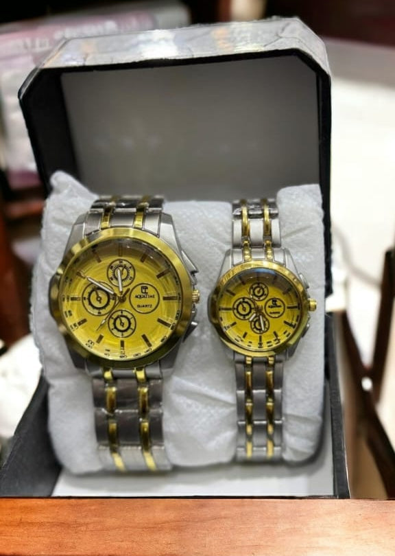 Couple’s Stainless Steel Two Tone Color Silver Gold Chain Wristwatch